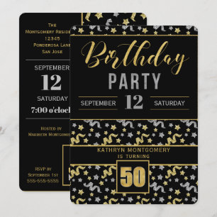 Invitation Or et argent sur Noir 50e anniversaire Confetti