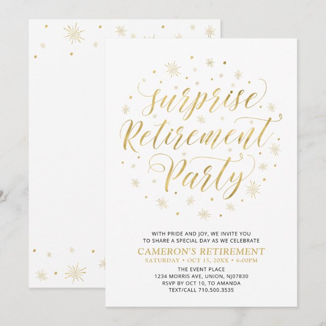 Invitation Or et Blanc | Fête de Retraite Moderne Surprise (Devant / Derrière)
