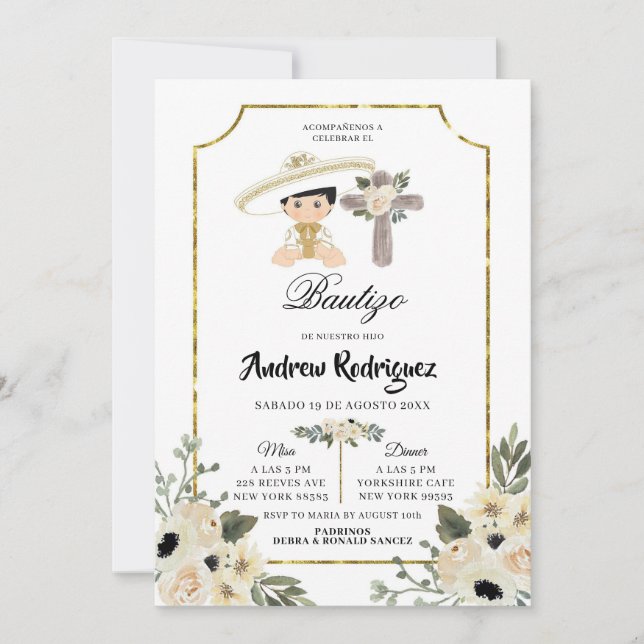 Invitation Or et blanc Floral Boy Bautizo Invitacion (Devant)