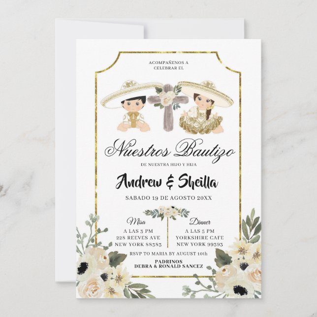 Invitation Or et blanc Floral Twin Boy Girl Bautizo (Devant)