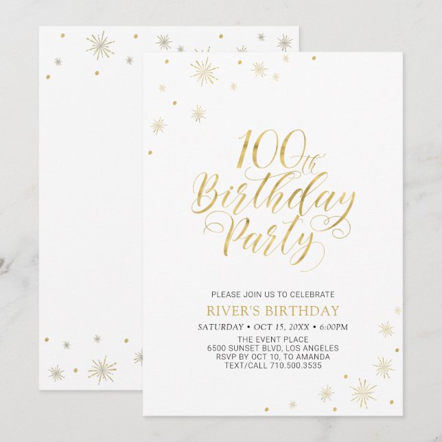 Invitation Or et blanc | Modern Chic 100th Birthday Party (Devant / Derrière)