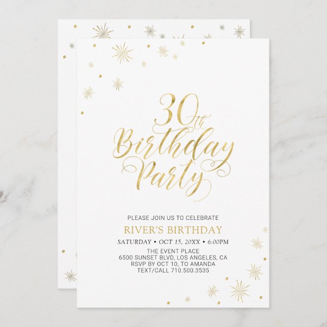 Invitation Or et blanc | Modern Chic 30th Birthday Party (Devant / Derrière)