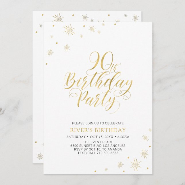 Invitation Or et blanc | Modern Chic 90th Birthday Party (Devant / Derrière)