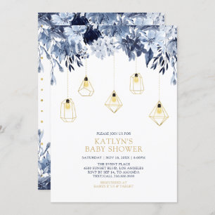 Invitation Or et bleu Baby shower chic Boho