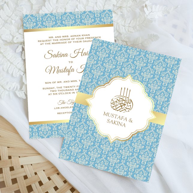 Invitation Or et bleu clair Damask Mariage musulman islamique (Créateur téléchargé)
