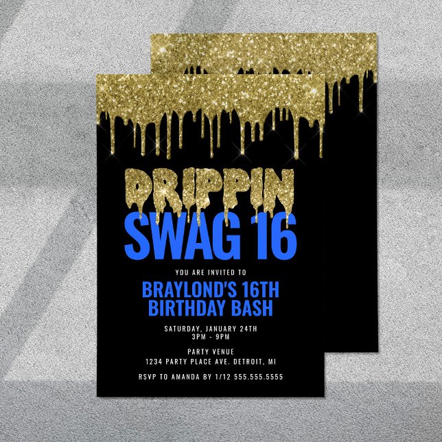 Invitation Or et Bleu Drippin Swag 16 Anniversaire  (Créateur téléchargé)