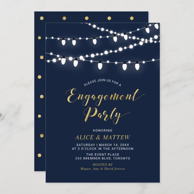 Invitation Or et bleu marine | Chic Modern Engagement Party à (Devant / Derrière)