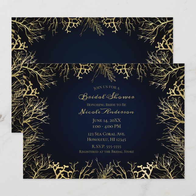 Invitation Or et Bleu Nuit Foncé Élégant Réception de Mariage (Devant / Derrière)