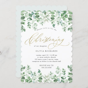 Invitation Or et Eucalyptus Elégant Aquarelle Christening