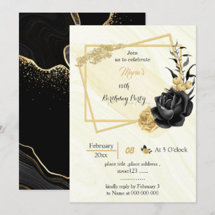 Invitation or et fleurs noires anniversaire géométrique