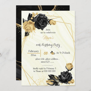 Invitation or et fleurs noires anniversaire géométrique