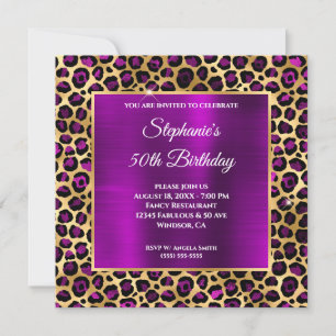 Invitation Or et Magenta Violet Léopard Glam 50e Anniversaire