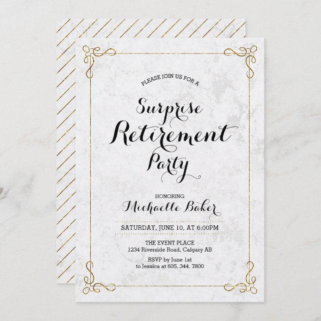 Invitation Or et marbre | Élégant Parti de retraite surprise (Devant / Derrière)