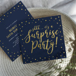 Invitation Or et marine | 50e fête d'anniversaire surprise<br><div class="desc">Célébrez votre journée spéciale avec ce modèle d'invitation d'anniversaire de fête d'anniversaire moderne or & marine. Ce design présente une calligraphie chic texturée or et arrière - plan confetti. Vous pouvez customiser le texte à n'importe quel anniversaire ou événement. (21ème,  30ème,  40ème,  50ème,  60ème,  70ème,  80ème,  90ème,  100ème)</div>