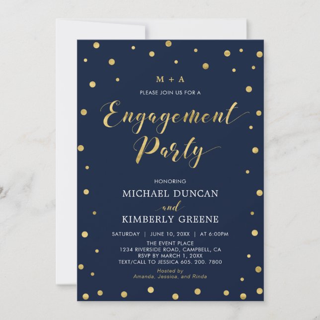 Invitation Or et marine | Confetti moderne Engagement Party I (Devant)