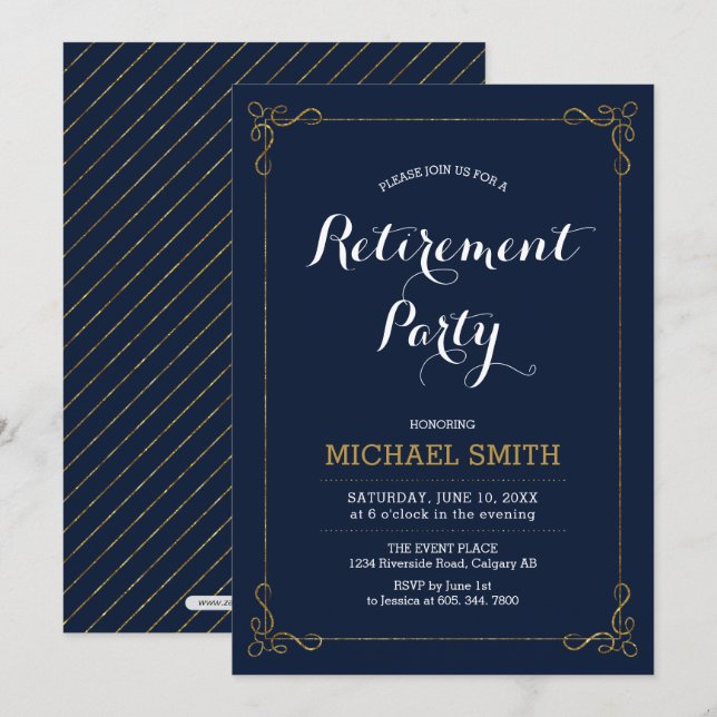Invitation Or et marine | Elegant Classy Retirement Party (Devant / Derrière)