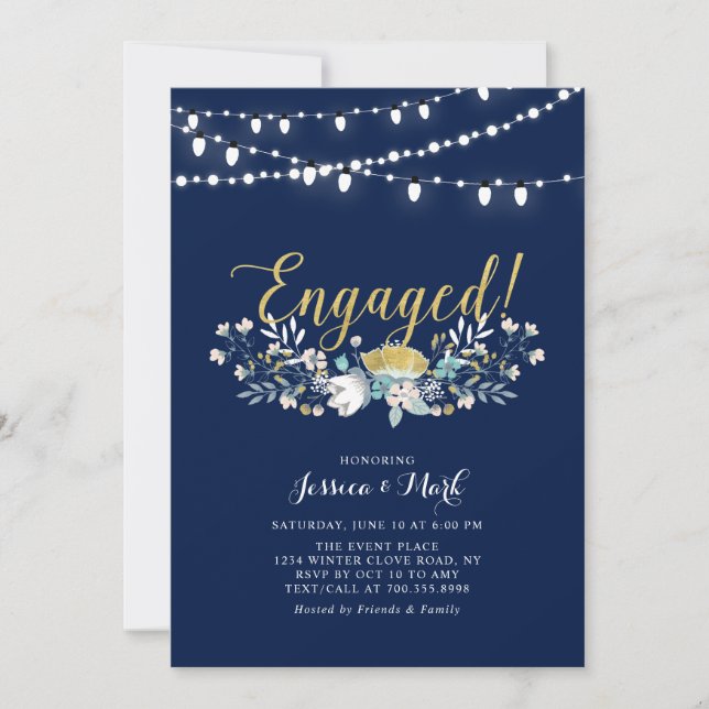Invitation Or et marine | Flamme Boho Floral Engagement Party (Devant)
