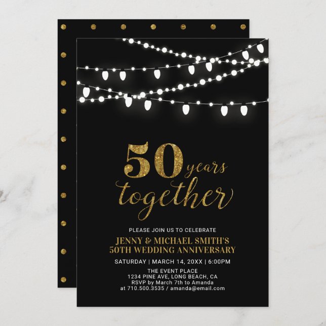 Invitation Or et noir | 50e anniversaire Mariage moderne (Devant / Derrière)