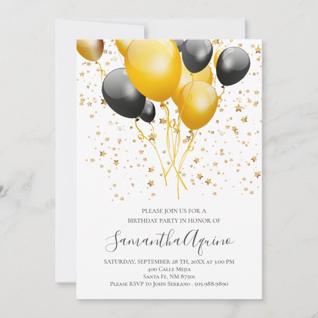 Invitation Or et noir Ballons Star Confetti Anniversaire Blan (Devant)