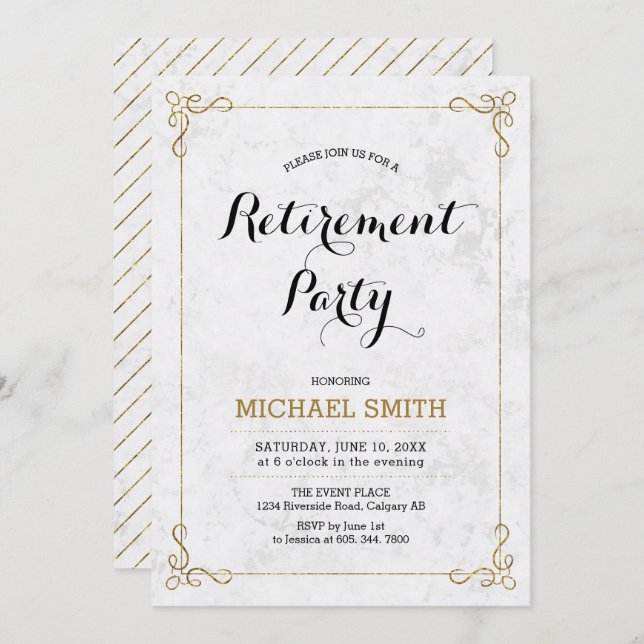 Invitation Or et noir | Classic Marble Retirement Party (Devant / Derrière)