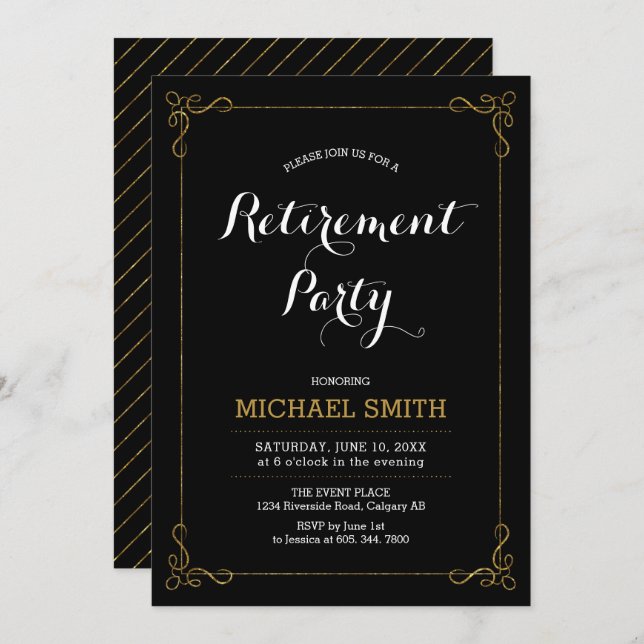 Invitation Or et noir | Elegant Classy Retirement Party (Devant / Derrière)