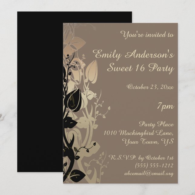 Invitation Or et noir Elegant Sweet 16 Anniversaire (Devant / Derrière)