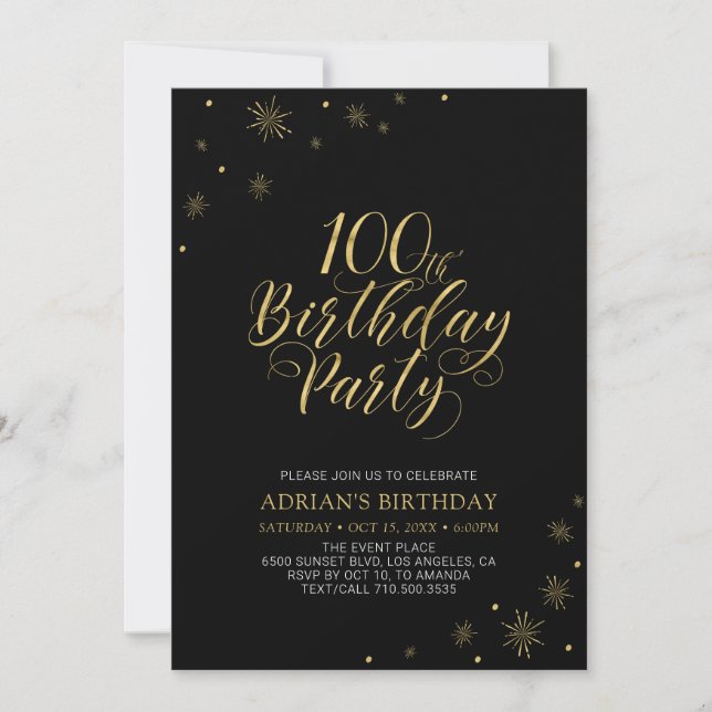 Invitation Or et noir | Modern Chic 100th Birthday Party (Devant)