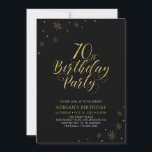 Invitation Or et noir | Modern Chic 70th Birthday Party<br><div class="desc">Fêtons votre journée spéciale avec cette élégante invitation à la fête de 70 ans en or et noir. Ce design présente une typographie or chic et des éléments or avec un arrière - plan noir. Vous pouvez customiser le texte et la couleur arrière - plan. Plus d'articles correspondants disponibles dans...</div>