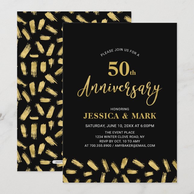 Invitation Or et Noir | Moderne 50e anniversaire de mariage (Devant / Derrière)