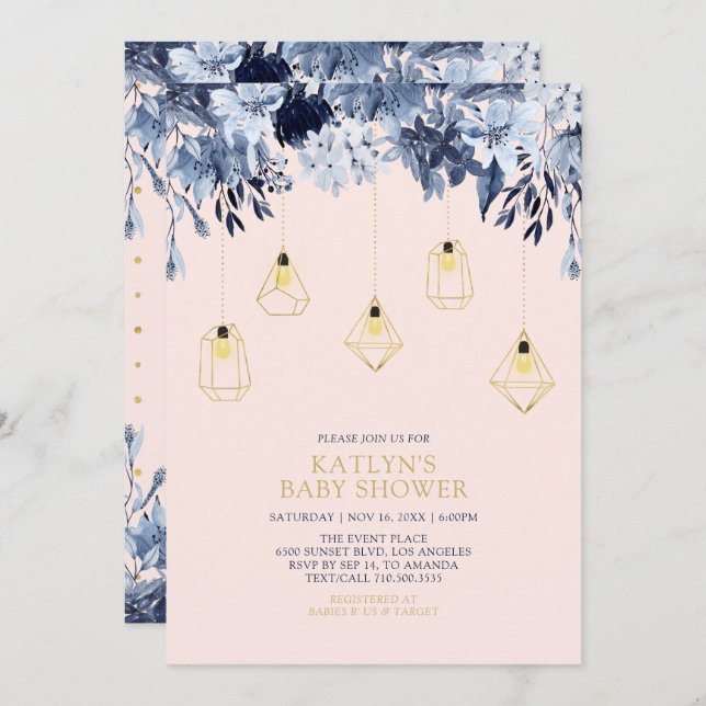 Invitation Or et rose | Baby shower chic Boho (Devant / Derrière)
