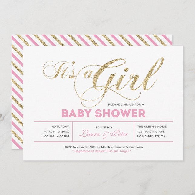 Invitation Or et rose | Fille, Baby shower de typographie mod (Devant / Derrière)