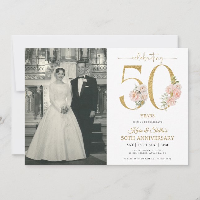 Invitation Or et rose floral 50e anniversaire (Devant)