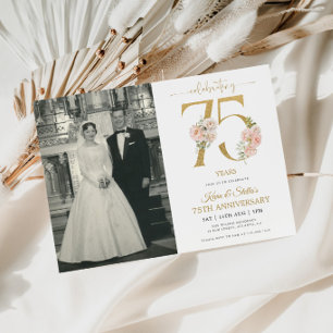 Invitation Or et Rose Floral 75e Anniversaire