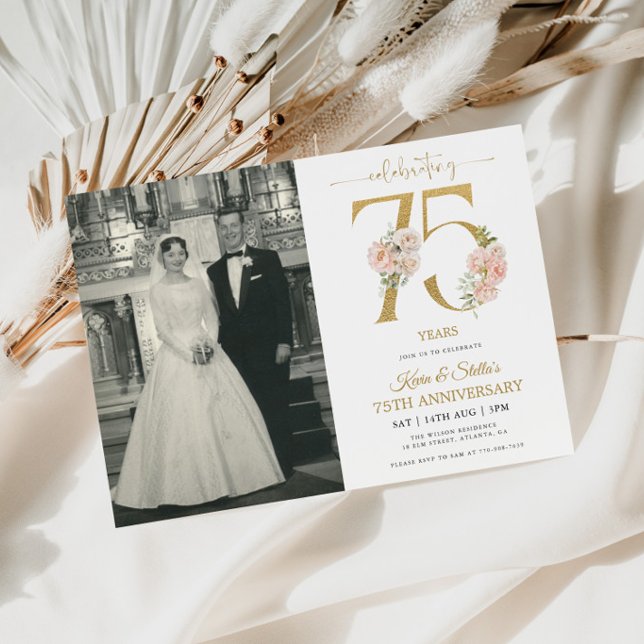 Invitation Or et Rose Floral 75e Anniversaire (Créateur téléchargé)