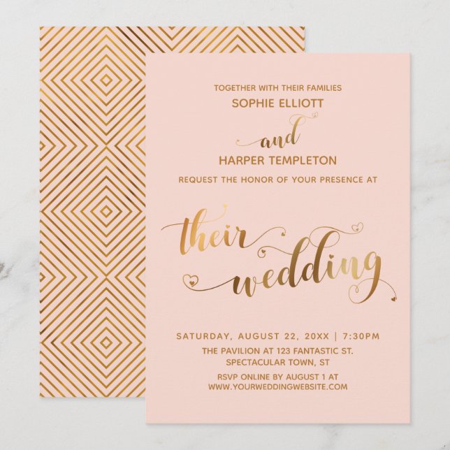 Invitation Or et rose leur typographie de mariage avec des cœ (Devant / Derrière)