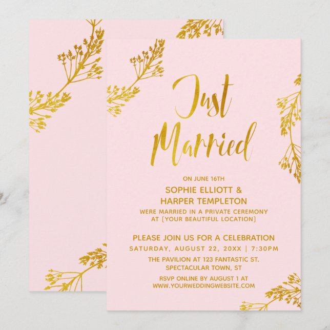 Invitation Or et Rose Mariage Réception de mariage après la c (Devant / Derrière)