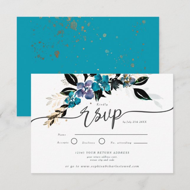 Invitation Or et turquoise, floral dramatique (Devant / Derrière)