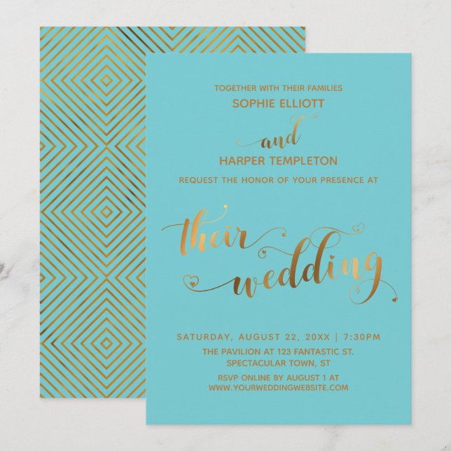 Invitation Or et Turquoise Leurs Cœurs de Mariage Script (Devant / Derrière)