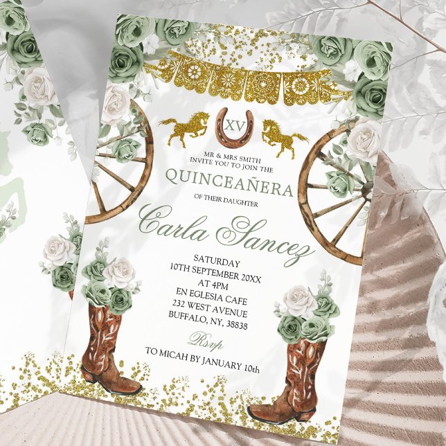Invitation Or et Vert Sauge Occidental Charra 15 Ans (Créateur téléchargé)