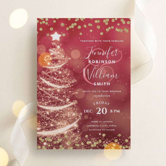 Invitation Or Festif & Rouge Élégant Mariage Arbre Éclairé (Festive Gold & Red Elegant Wedding Sparkle Tree Invitation)