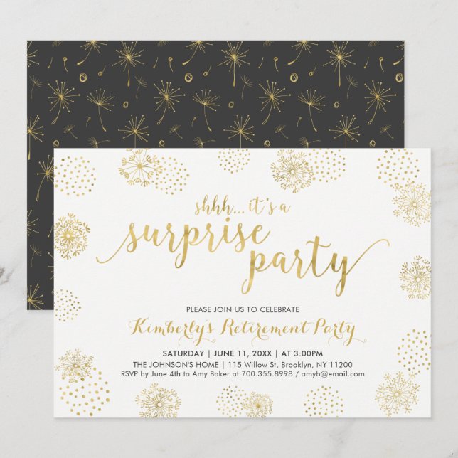 Invitation Or | Fête de Retraite Moderne et Élégante de Surpr (Devant / Derrière)