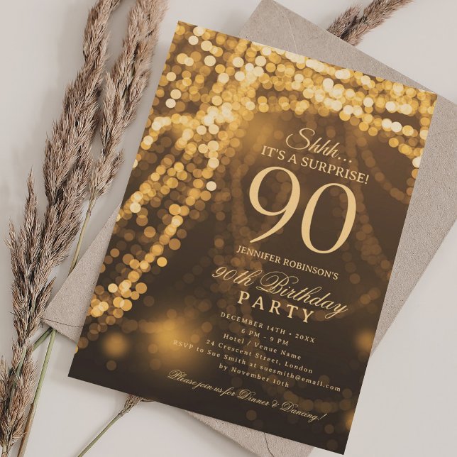 Invitation Or | Fête surprise pour 90e anniversaire  (Gold | Surprise 90th Birthday Party Invitation)