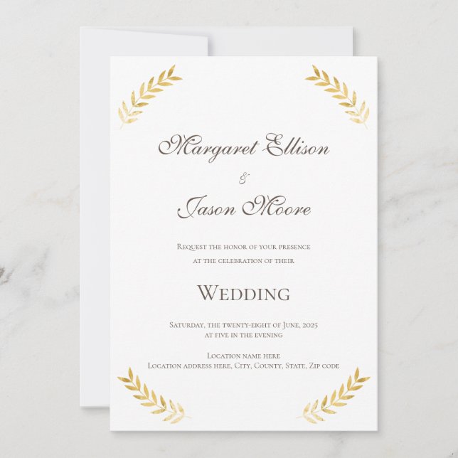 Invitation Or Feuille or élégant et Mariage Brown (Devant)