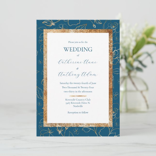 Invitation Or Floral bleu Mariage moderne (Debout devant)