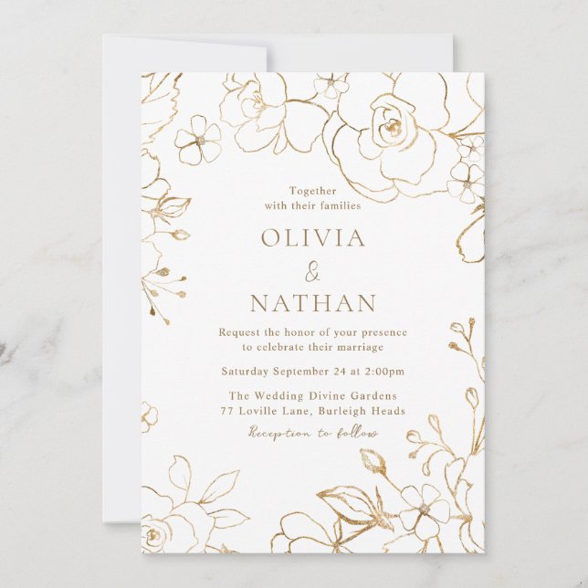 Invitation Or Floral Elegant Mariage blanc (Devant)