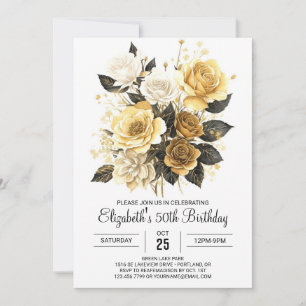 Invitation Or floral enchanté et noir 50e anniversaire