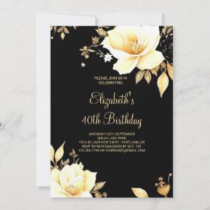 Invitation Or floral et noir Imprimable 40e anniversaire