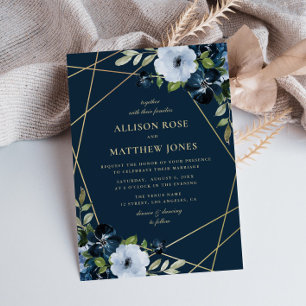 Invitation or floral géométrique et mariage bleu marine