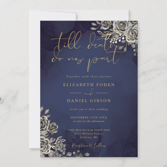 Invitation Or Floral Gothique Et Mariage Bleu De Minuit (Devant)