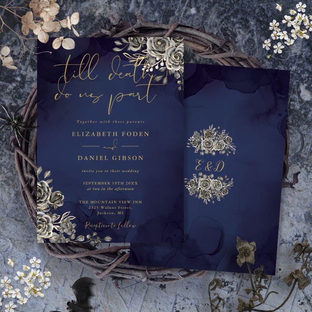 Invitation Or Floral Gothique Et Mariage Bleu De Minuit (Gothic Floral Gold And Midnight Blue Wedding Invitation)